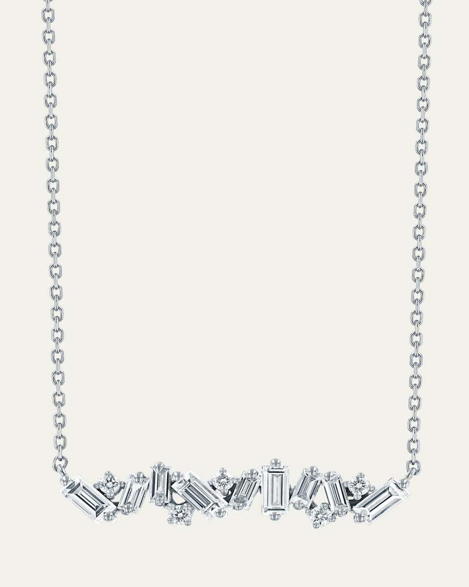 18K White Gold Fireworks Diamond Bar Necklace, 16-18"L
